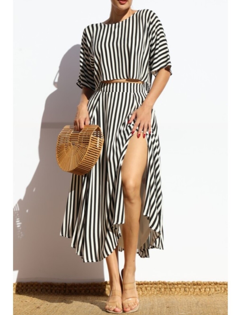 Striped Black & White High-Slit Midi Skirt NWT